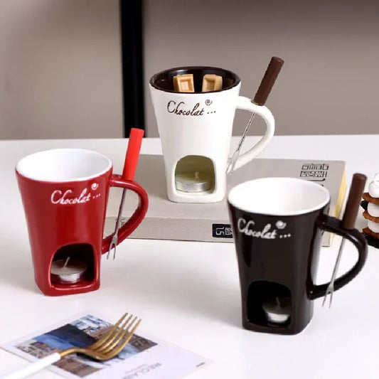 Tasse Chauffante en Céramique pour Fondue Fromage et Chocolat Avec Fourchette