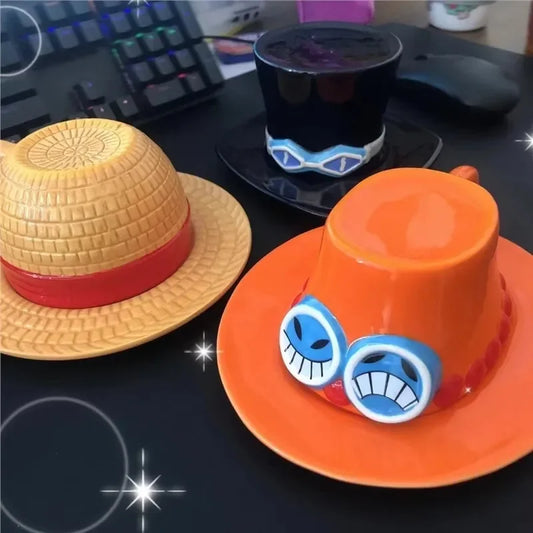 Tasse en Céramique Chapeau Trois Frères Style Manga Avec Soucoupe