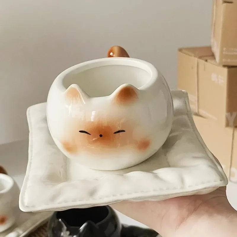 Tasse en Céramique Forme de Chat Siamois 210 ml Avec Soucoupe