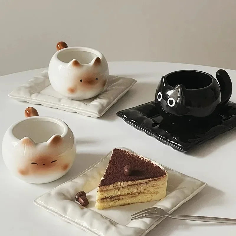 Tasse en Céramique Forme de Chat Siamois 210 ml Avec Soucoupe