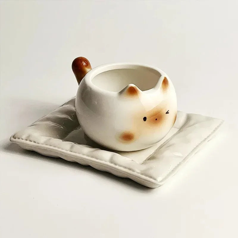 Tasse en Céramique Forme de Chat Siamois 210 ml Avec Soucoupe