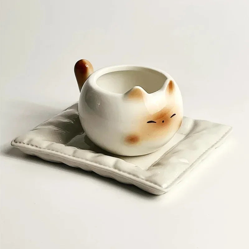 Tasse en Céramique Forme de Chat Siamois 210 ml Avec Soucoupe