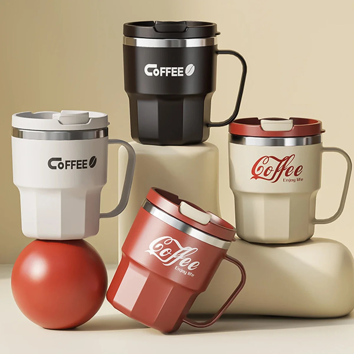 Tasse Isotherme Acier Inoxydable Double Paroi Avec Poignée et Couvercle