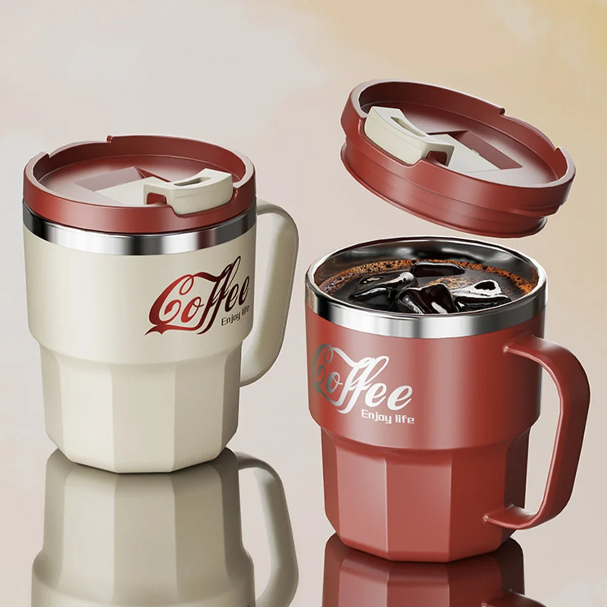 Tasse Isotherme Acier Inoxydable Double Paroi Avec Poignée et Couvercle