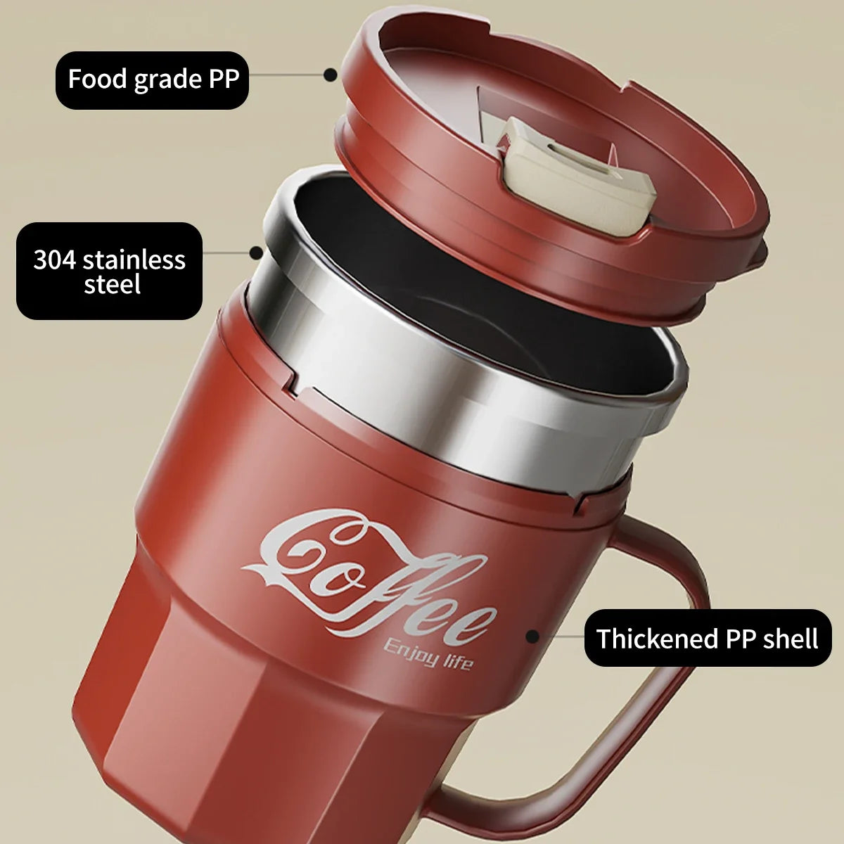 Tasse Isotherme Acier Inoxydable Double Paroi Avec Poignée et Couvercle