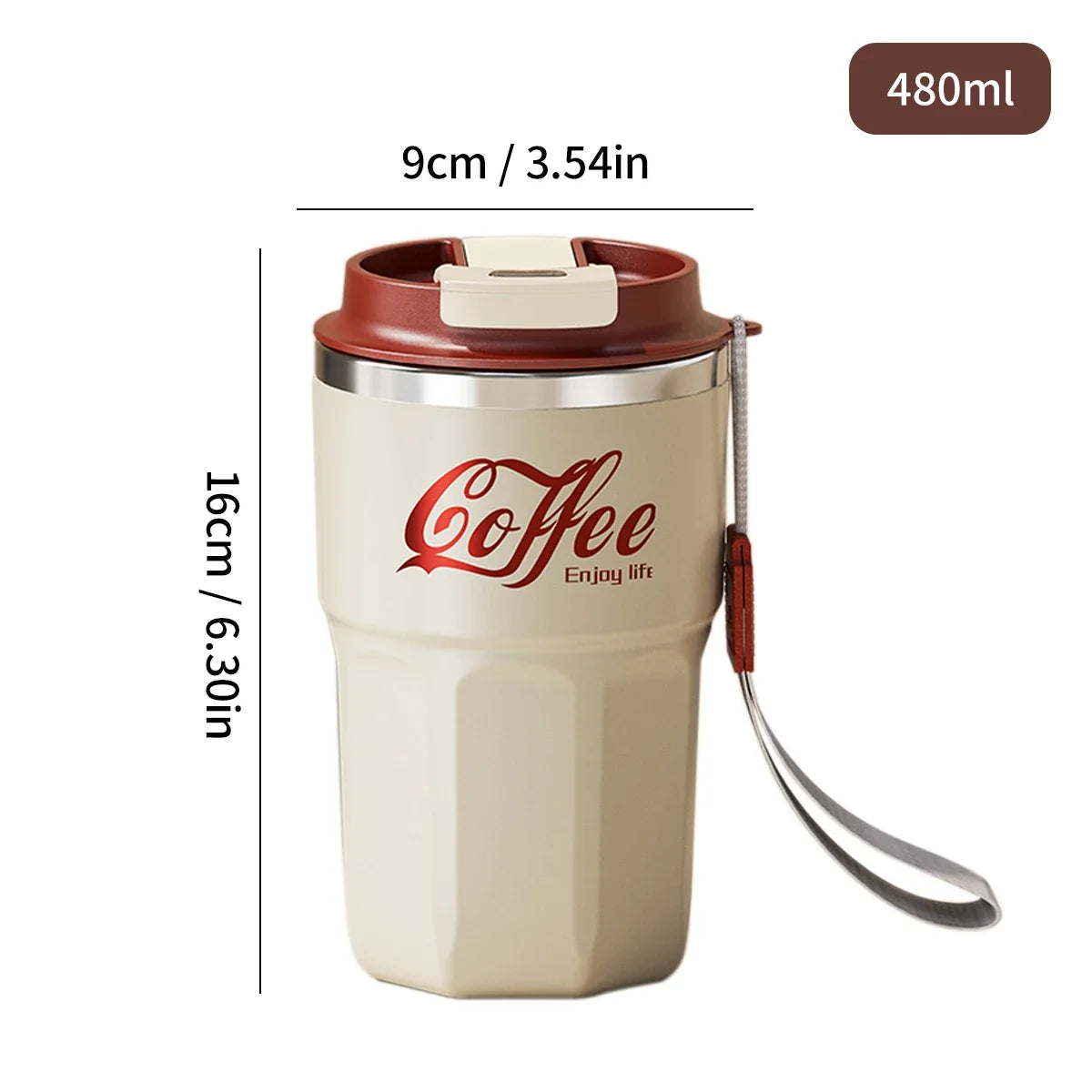 Tasse Isotherme Acier Inoxydable Double Paroi Avec Poignée et Couvercle