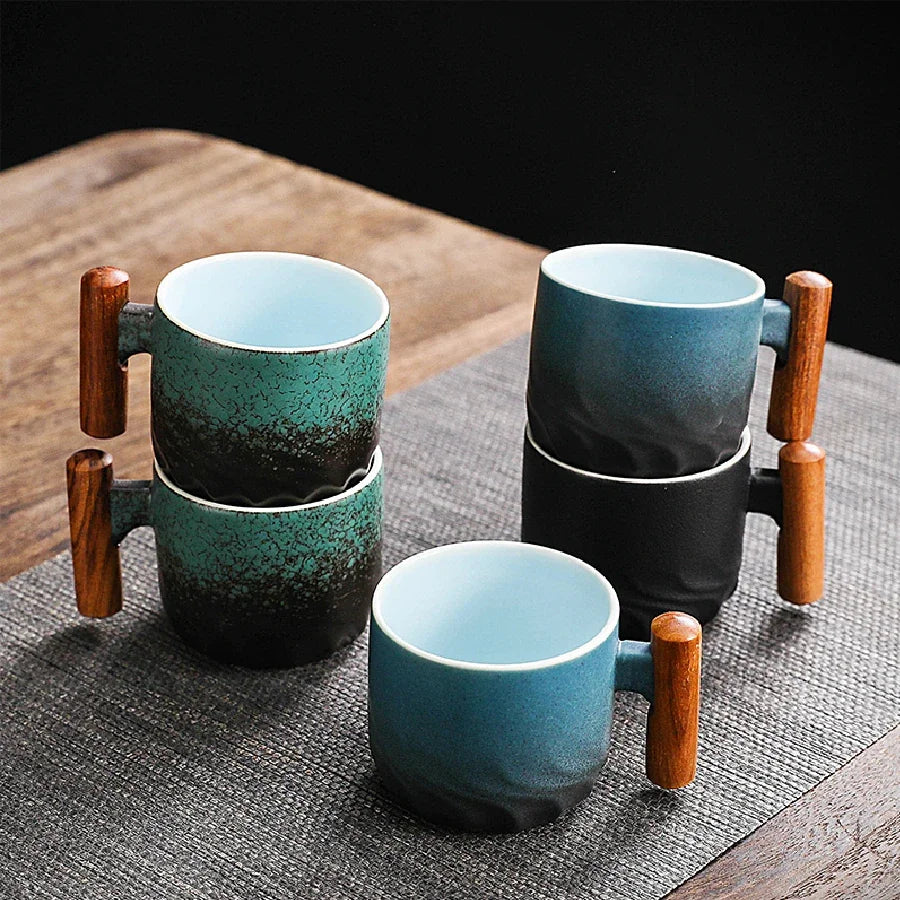 Tasse Rétro en Céramique à Manche en Bois pour Thé et Café