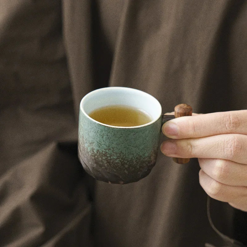 Tasse Rétro en Céramique à Manche en Bois pour Thé et Café