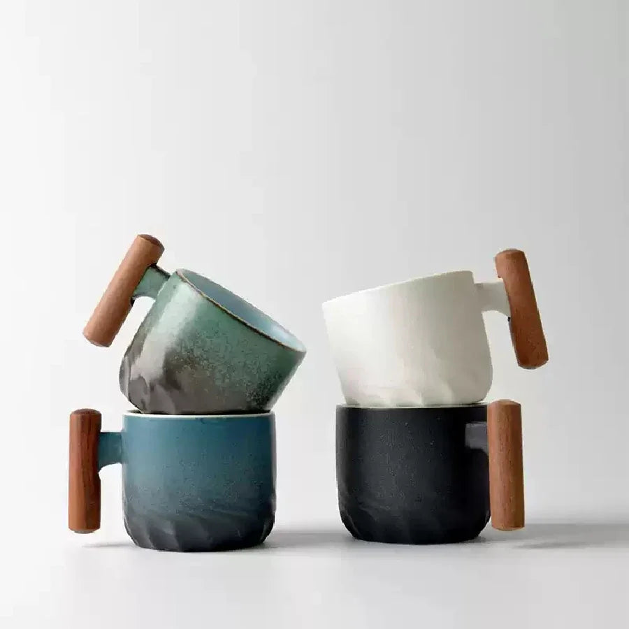Tasse Rétro en Céramique à Manche en Bois pour Thé et Café